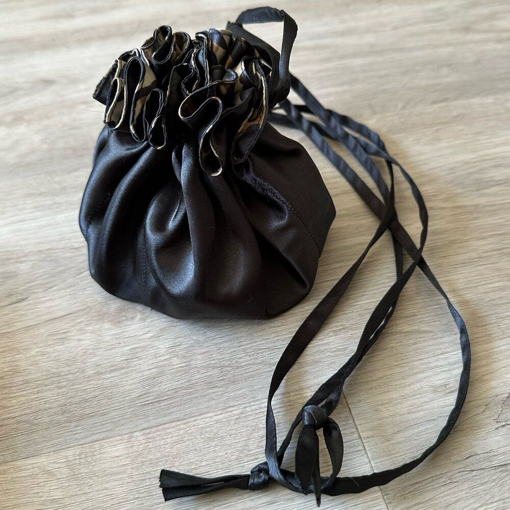 Black & Leopard Print Silky Satin Drawstring Pouch Bag Ribbon Ties Chico’s